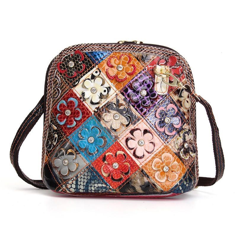 Dam I Äkta Läder Patchwork Floral Crossbody-väska