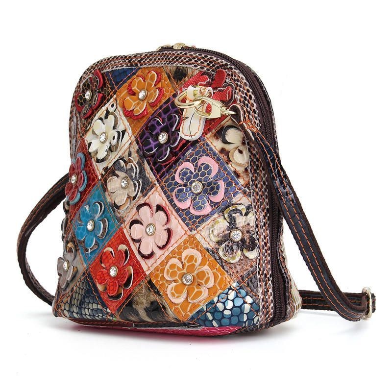 Dam I Äkta Läder Patchwork Floral Crossbody-väska