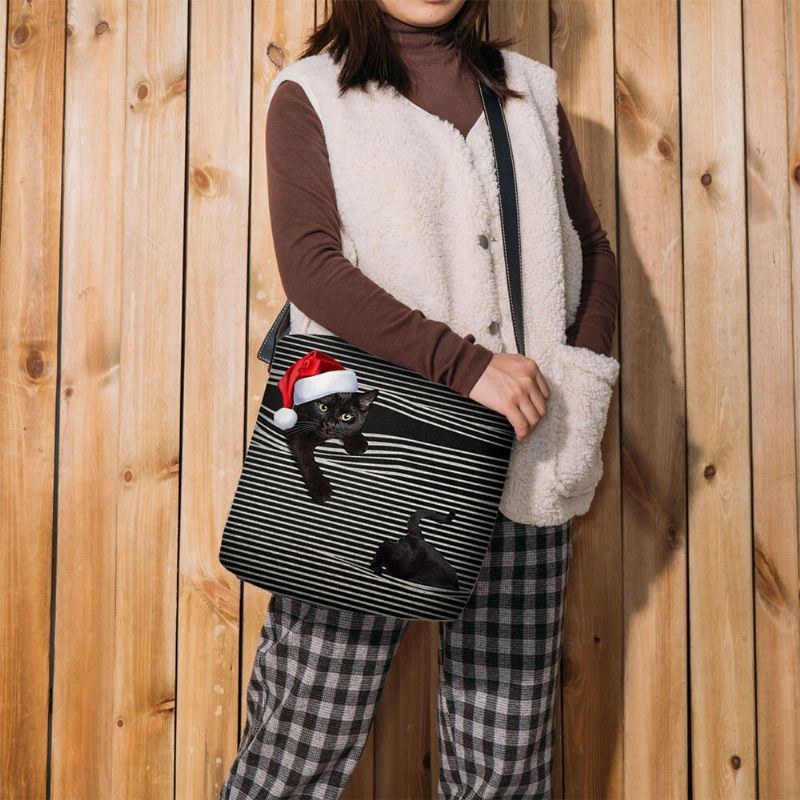 Dam Kändes Söt Casual Cartoon Cat Stripes Mönster Med Julhatt Crossbody Bag Axelväska