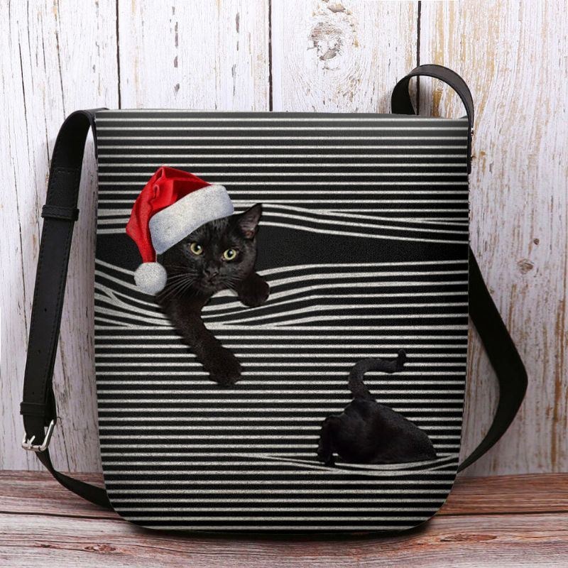 Dam Kändes Söt Casual Cartoon Cat Stripes Mönster Med Julhatt Crossbody Bag Axelväska