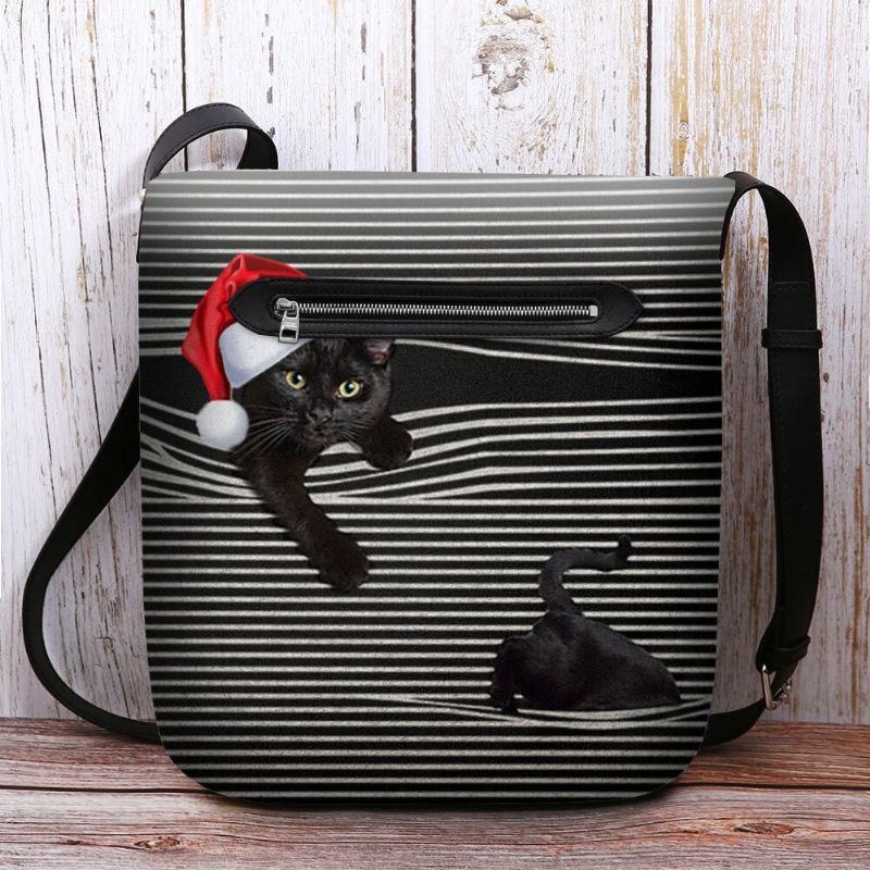 Dam Kändes Söt Casual Cartoon Cat Stripes Mönster Med Julhatt Crossbody Bag Axelväska