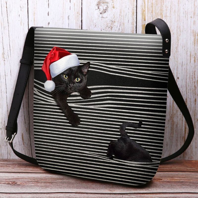 Dam Kändes Söt Casual Cartoon Cat Stripes Mönster Med Julhatt Crossbody Bag Axelväska