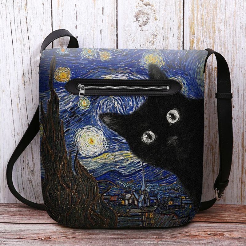 Dam Kändes Söt Casual Tecknad Kattmönster Med Stjärnklar Natt Galaxmålningar Crossbody-väska Axelväska