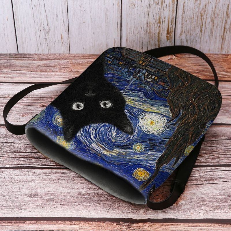 Dam Kändes Söt Casual Tecknad Kattmönster Med Stjärnklar Natt Galaxmålningar Crossbody-väska Axelväska