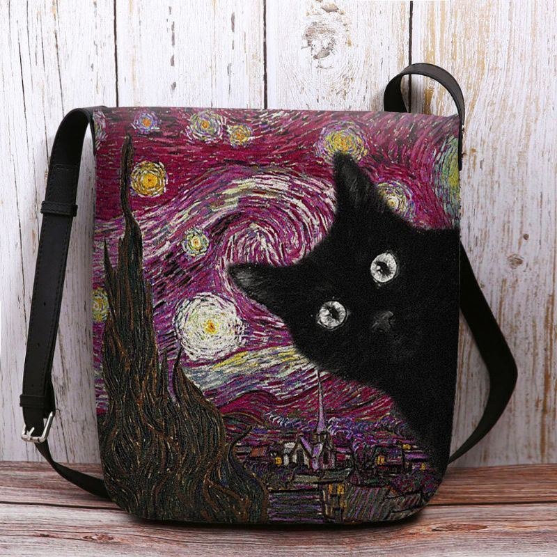 Dam Kändes Söt Casual Tecknad Kattmönster Med Stjärnklar Natt Galaxmålningar Crossbody-väska Axelväska