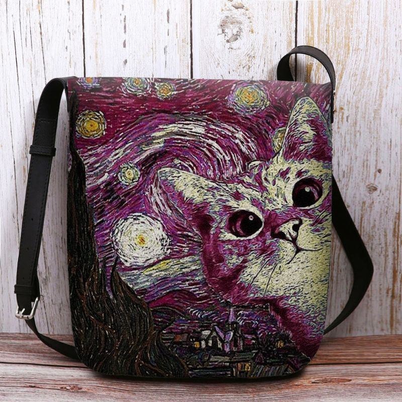 Dam Kändes Söt Casual Tecknad Kattmönster Med Stjärnklar Natt Galaxmålningar Crossbody-väska Axelväska