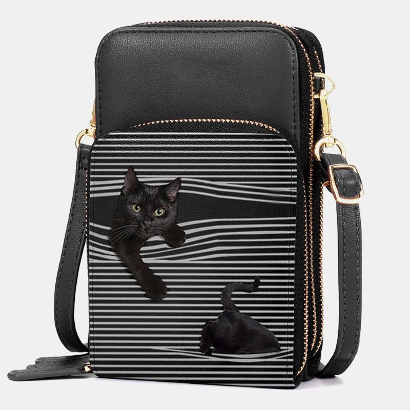 Dam Konstläder Casual Söt Svart Katt Och Ränder Mönster Justerbar Axelväska Crossbody-väska