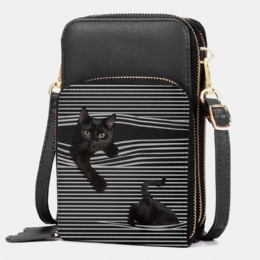 Dam Konstläder Casual Söt Svart Katt Och Ränder Mönster Justerbar Axelväska Crossbody-väska