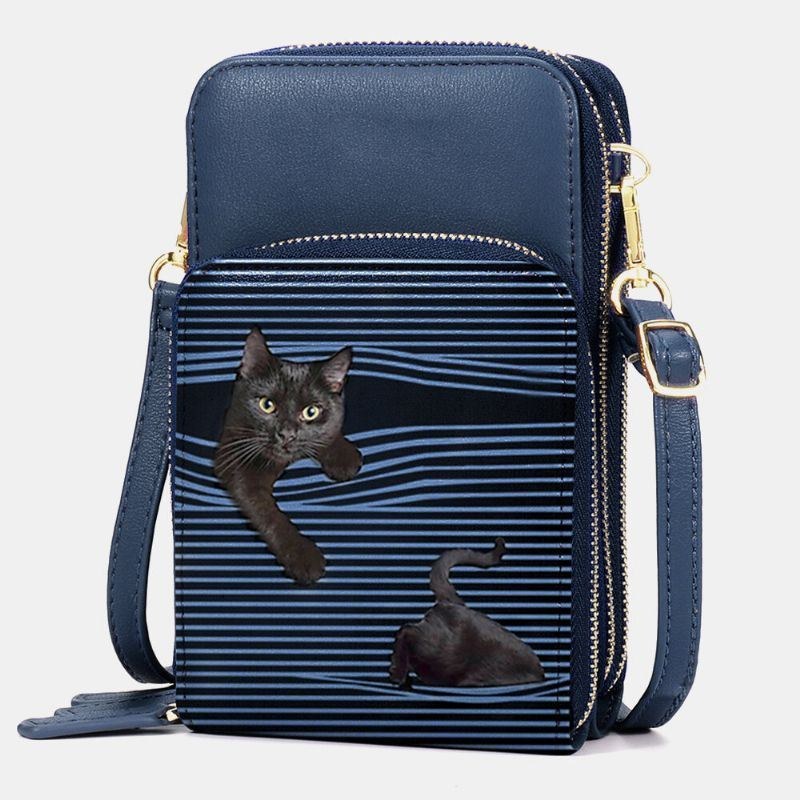 Dam Konstläder Casual Söt Svart Katt Och Ränder Mönster Justerbar Axelväska Crossbody-väska