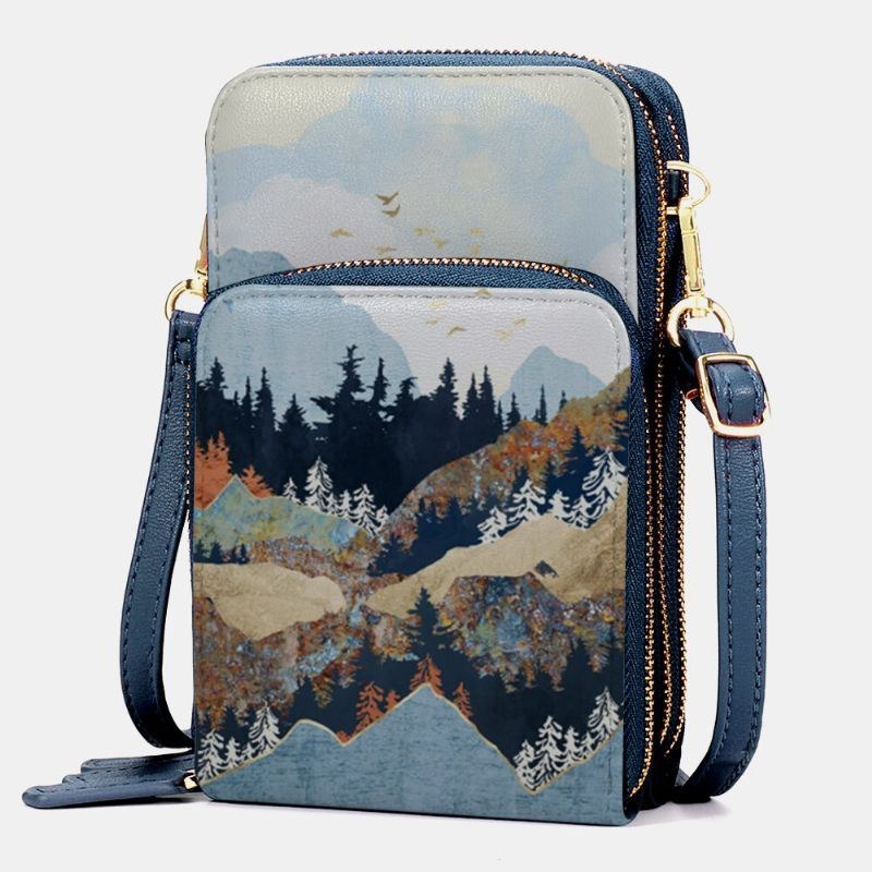 Dam Konstläder Dam Mountain Treetop Print Bag 6.3 Tums Telefonväska Crossbody Bag