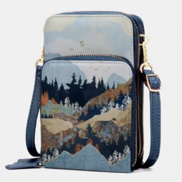 Dam Konstläder Dam Mountain Treetop Print Bag 6.3 Tums Telefonväska Crossbody Bag