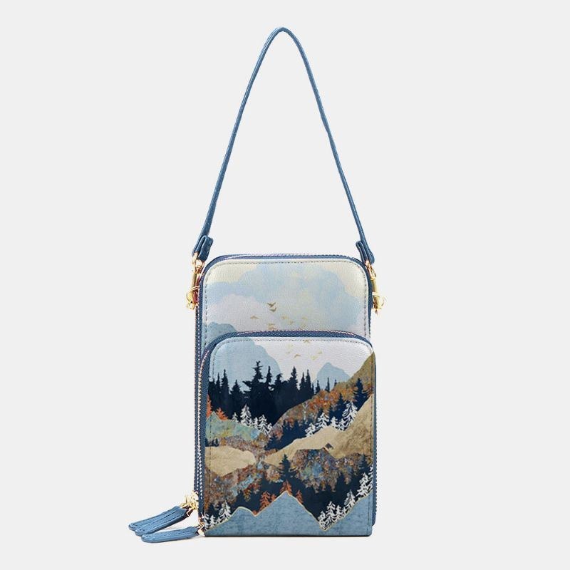 Dam Konstläder Dam Mountain Treetop Print Bag 6.3 Tums Telefonväska Crossbody Bag