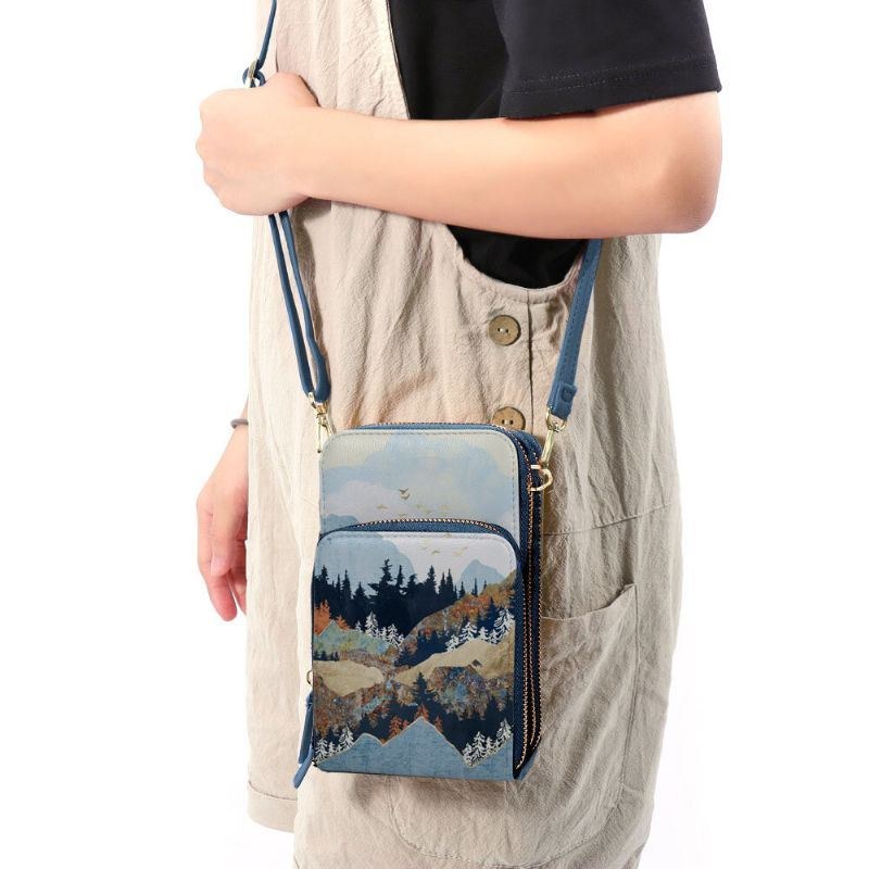 Dam Konstläder Dam Mountain Treetop Print Bag 6.3 Tums Telefonväska Crossbody Bag