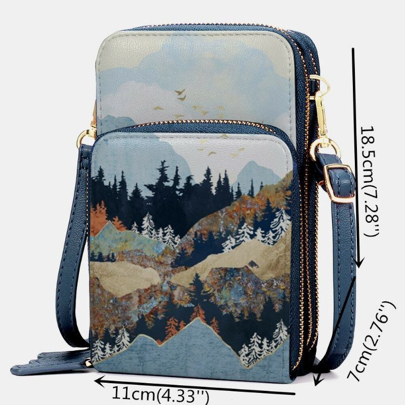 Dam Konstläder Dam Mountain Treetop Print Bag 6.3 Tums Telefonväska Crossbody Bag