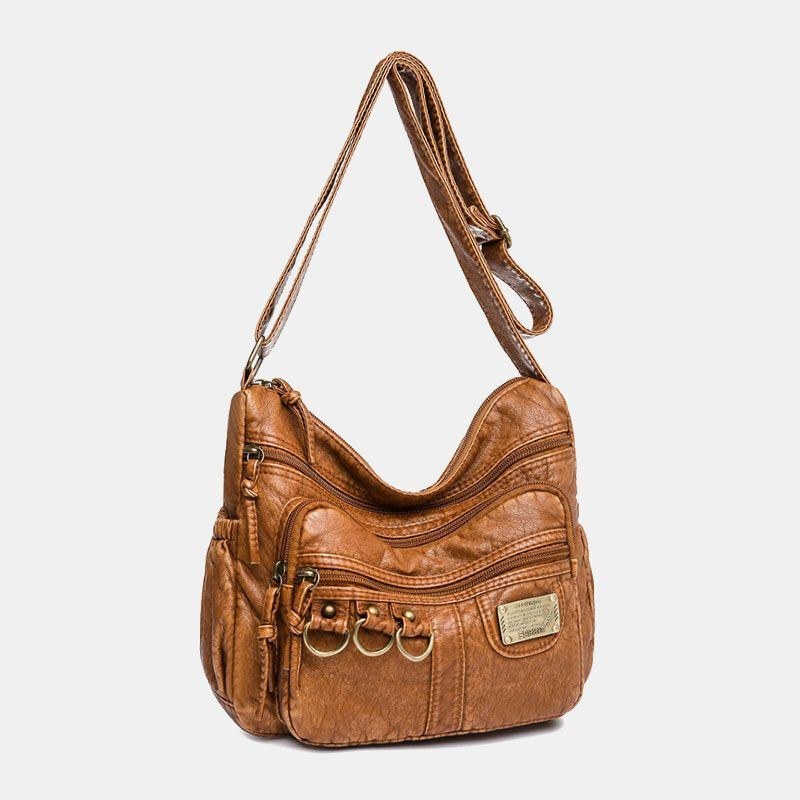 Dam Konstläder Retro Stor Kapacitet Slitstark Crossbody Bag Axelväska