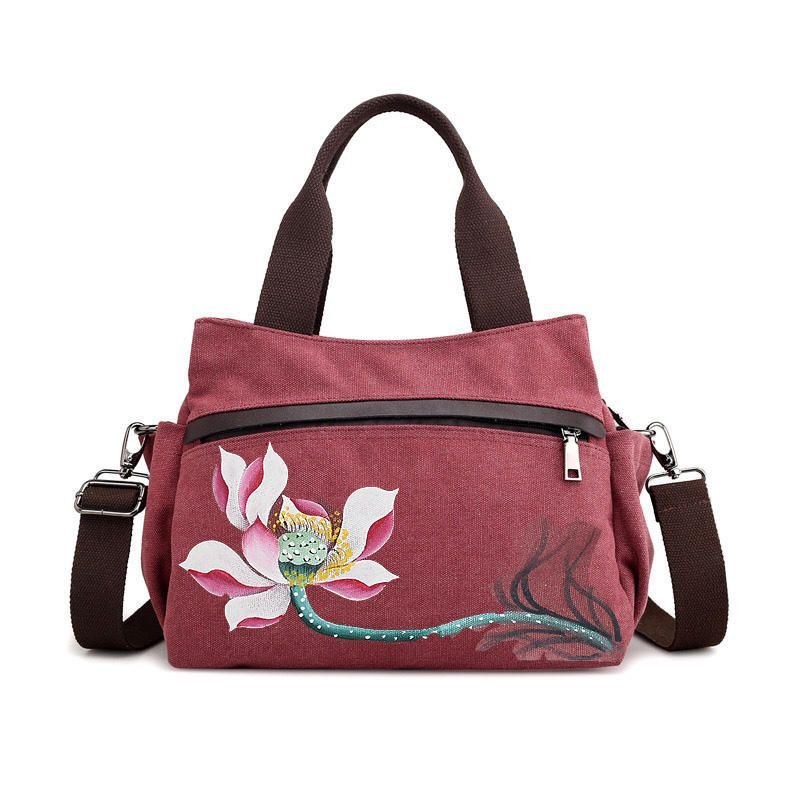 Dam Lotus Canvas Handväska Kinesisk Crossbody-väska