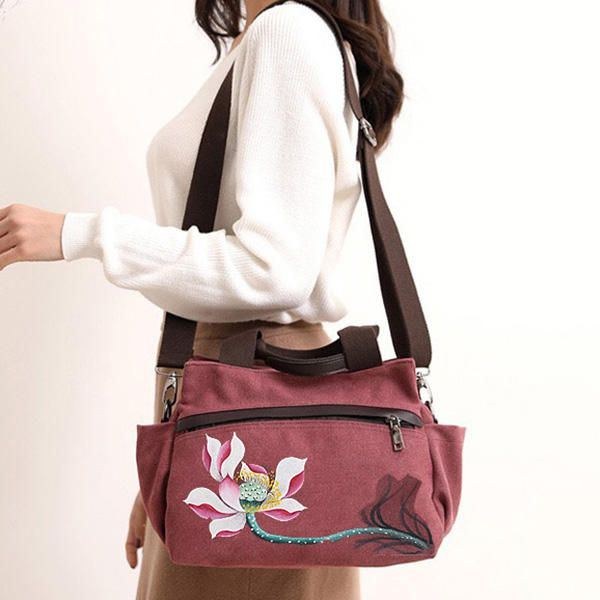 Dam Lotus Canvas Handväska Kinesisk Crossbody-väska