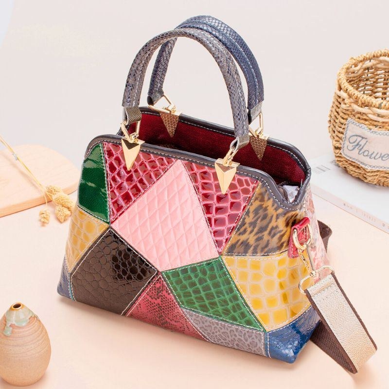 Dam Oil Wax Äkta Läder Patchwork Handväska Crossbody Bag Axelväska