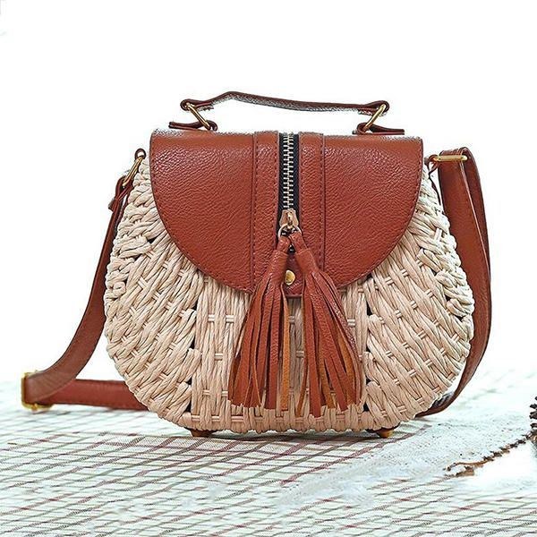 Dam Resehalm Strandväskor Tassel Patchwork Crossbody Bag