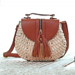 Dam Resehalm Strandväskor Tassel Patchwork Crossbody Bag