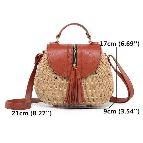 Dam Resehalm Strandväskor Tassel Patchwork Crossbody Bag