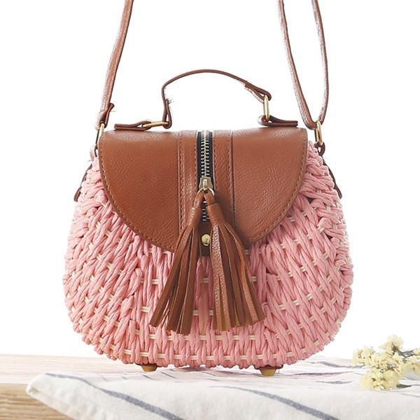 Dam Resehalm Strandväskor Tassel Patchwork Crossbody Bag