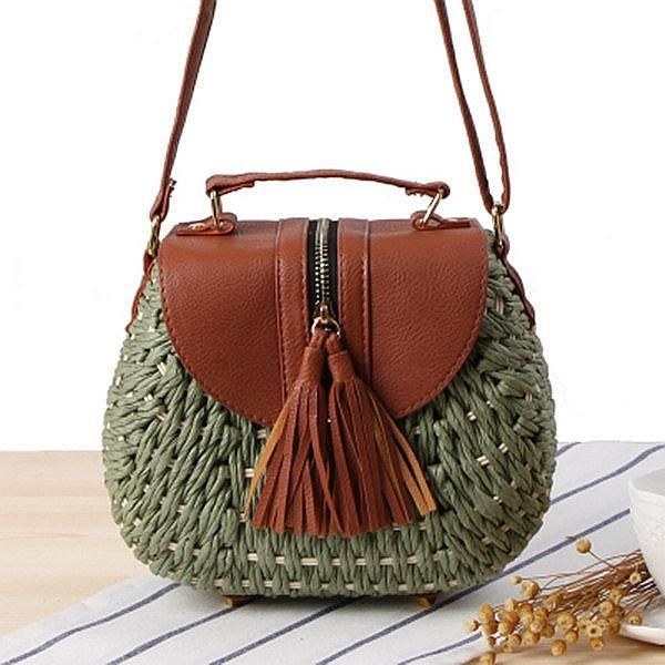 Dam Resehalm Strandväskor Tassel Patchwork Crossbody Bag