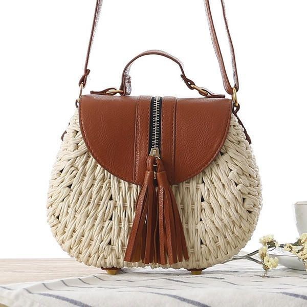 Dam Resehalm Strandväskor Tassel Patchwork Crossbody Bag