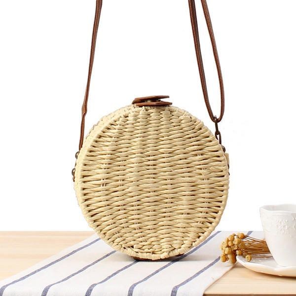 Dam Rundvävd Halm Crossbody-väska Solid Beach Bag