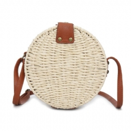 Dam Sommar Rund Halm Axelväska Vintage Woven Beach Tote Crossbody Handväska