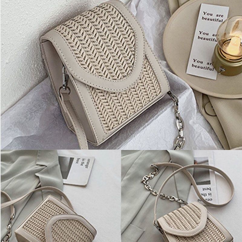 Dam Summer Flap Straw Chain Crossbody Bag Axelväska