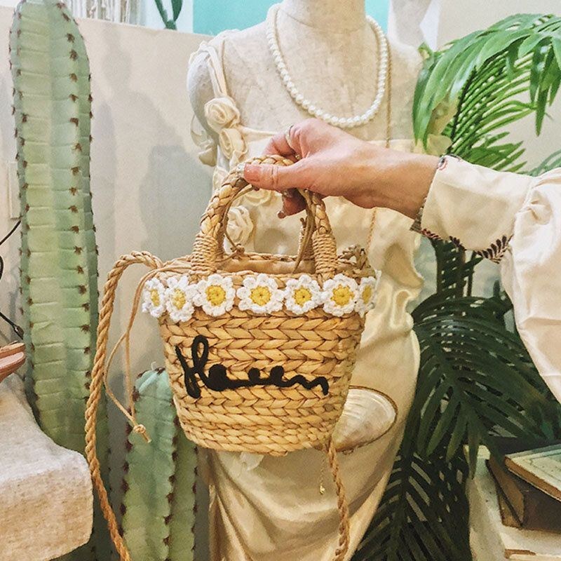 Resor För Kvinnor Daisy Beach Weave Straw Crossbody Bag Bucket Bag