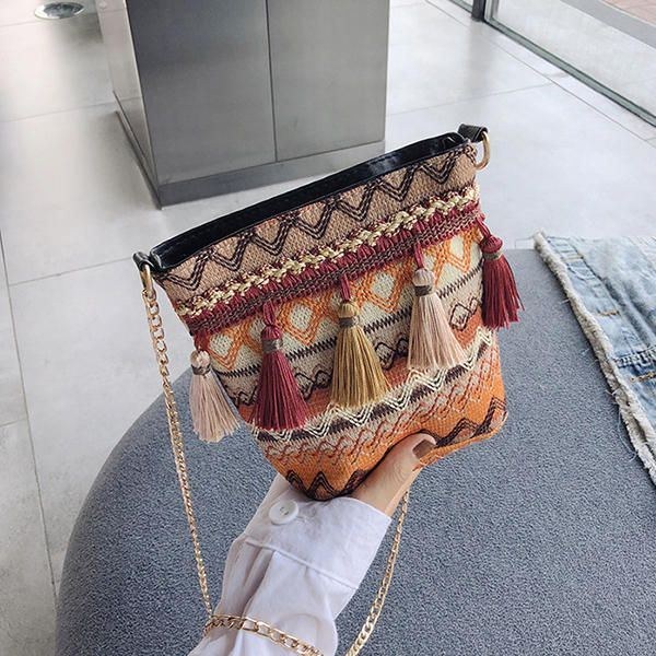 Women Weaving Tofs National Crossbody Bag Chic Bucket Bag