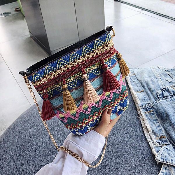 Women Weaving Tofs National Crossbody Bag Chic Bucket Bag