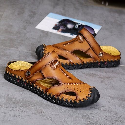 Herr Äkta Läder Handsömmar Dubbel Användning Ihålig Andas Slip On Closed Toe Casual Sommarsandaler