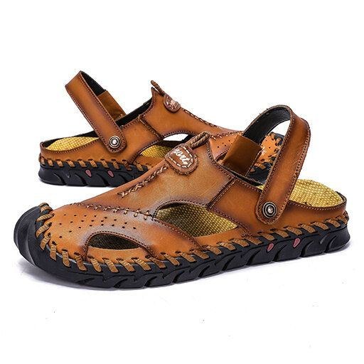 Herr Äkta Läder Handsömmar Dubbel Användning Ihålig Andas Slip On Closed Toe Casual Sommarsandaler