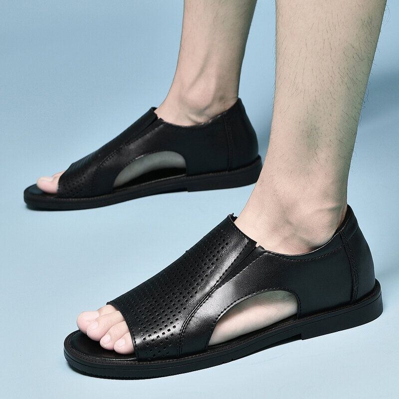 Herr Kohud Läder Andas Ihålig Mjuk Botten Öppnad Tå Slip On Casual Sandaler