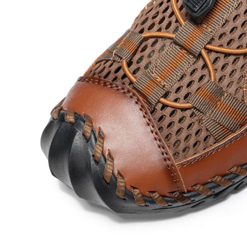 Herr Kohud Läder Handsömnad Mesh Andas Mjuk Botten Casual Outdoor Sandaler