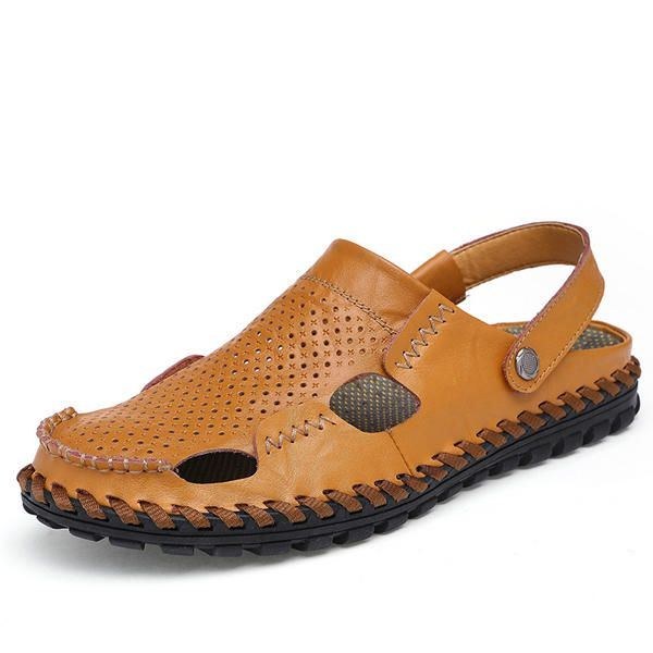 Herr Sommar Hollow Out Casual Outdoor Mode Läder Strand Mjuka Platta Sandal Skor