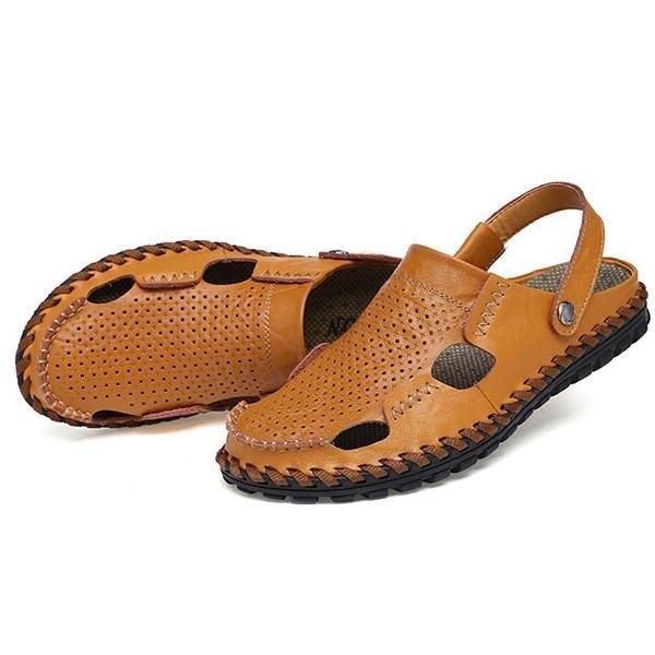 Herr Sommar Hollow Out Casual Outdoor Mode Läder Strand Mjuka Platta Sandal Skor