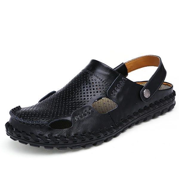 Herr Sommar Hollow Out Casual Outdoor Mode Läder Strand Mjuka Platta Sandal Skor