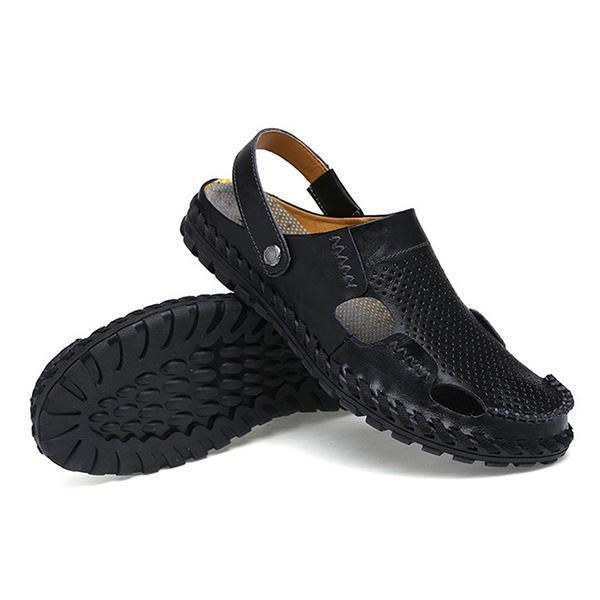 Herr Sommar Hollow Out Casual Outdoor Mode Läder Strand Mjuka Platta Sandal Skor