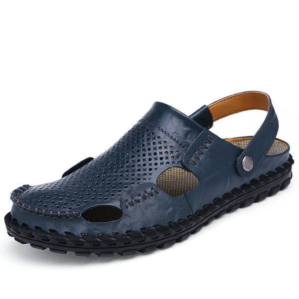 Herr Sommar Hollow Out Casual Outdoor Mode Läder Strand Mjuka Platta Sandal Skor