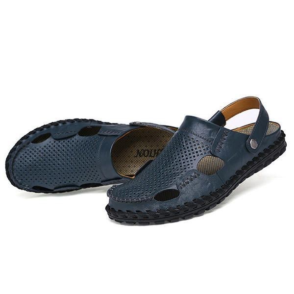 Herr Sommar Hollow Out Casual Outdoor Mode Läder Strand Mjuka Platta Sandal Skor