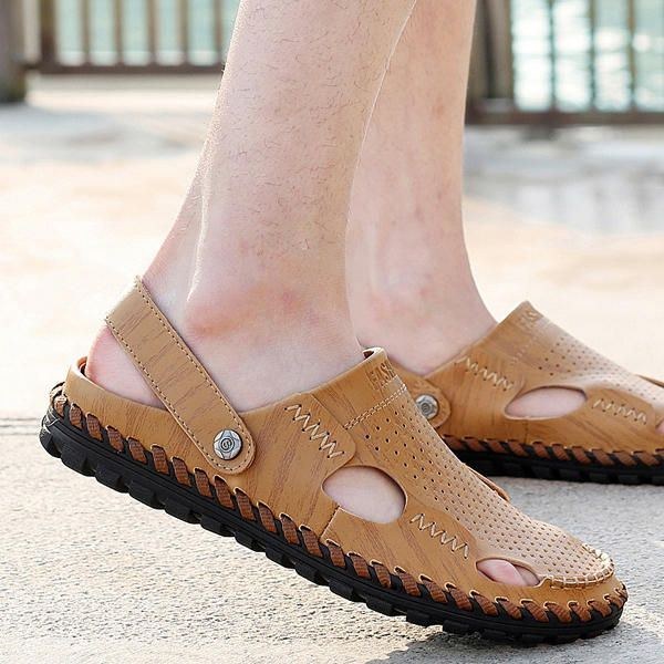 Herr Sommar Läder Sandal Casual Rund Tå Utomhus Platt Mode Mjuk Strandtoffla