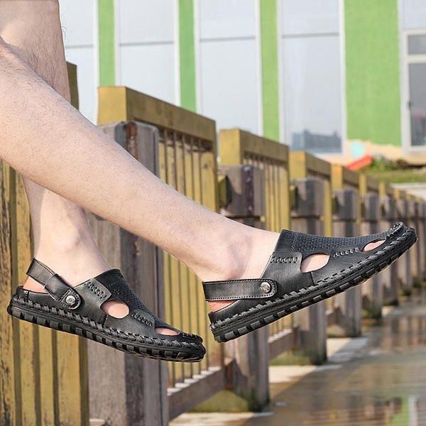 Herr Sommar Läder Sandal Casual Rund Tå Utomhus Platt Mode Mjuk Strandtoffla