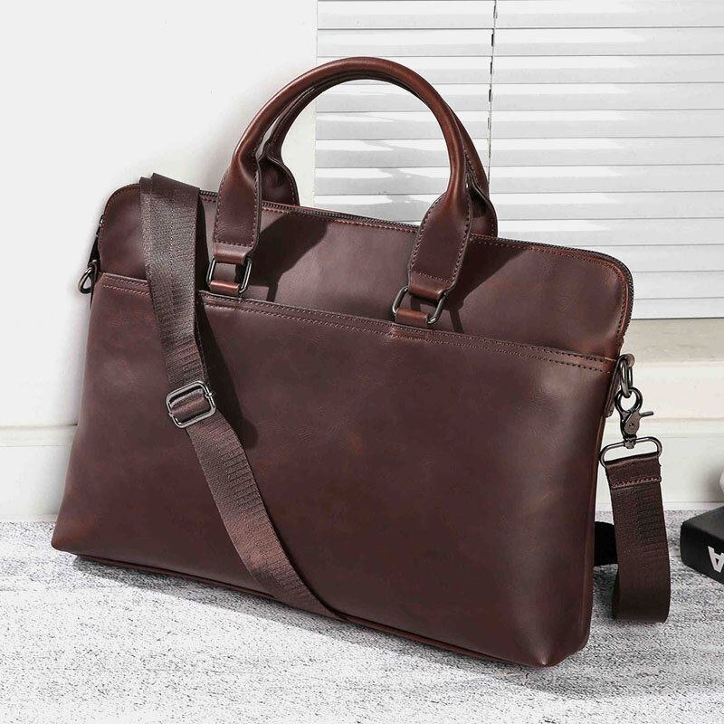 Herr Vintage Konstläder Multi-carry Stor Kapacitet Enfärgad Portfölj Handväskor Business Crossbody-väska