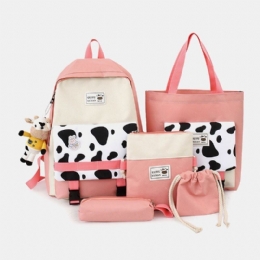 Dam 5 St Canvas Preppy Cow Mönster Multifunktionskombinationsväska Ryggsäck Tote Crossbody-väska Clutchplånbok