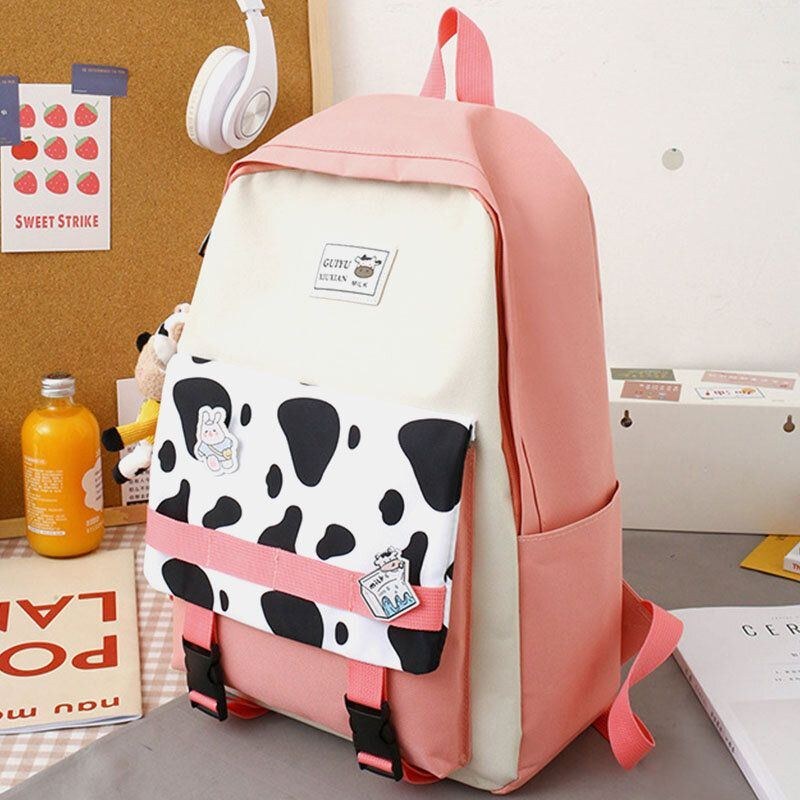 Dam 5 St Canvas Preppy Cow Mönster Multifunktionskombinationsväska Ryggsäck Tote Crossbody-väska Clutchplånbok