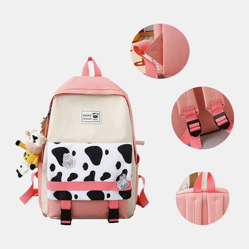 Dam 5 St Canvas Preppy Cow Mönster Multifunktionskombinationsväska Ryggsäck Tote Crossbody-väska Clutchplånbok